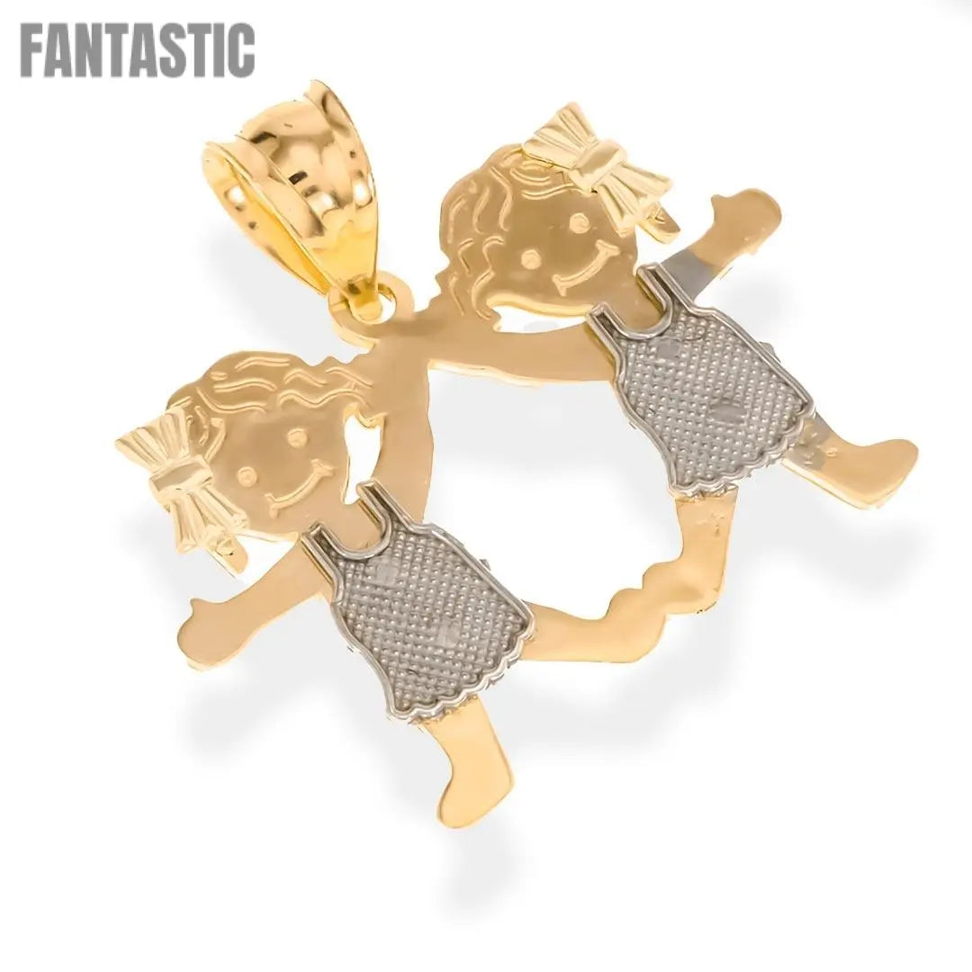 Real Gold 14K TRI-COLOR GIRL & GIRL  Pendant | 14K Gold Fantastic Jewelry NYC
