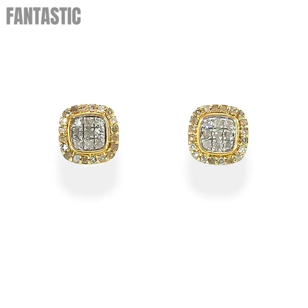 Round Diamond Square Frame  Stud Earrings in 10K Gold Fantastic Jewelry NYC