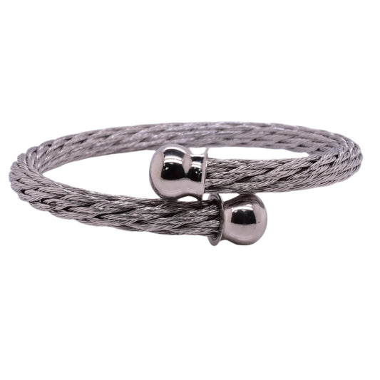 Stainless Steel Silver Cord Cuff Round Ending 6mm Bangle - SBB00025 Fantastic Jewelry NYC