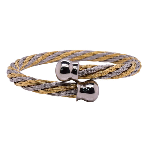 Stainless Steel 2 Toned Cord Cuff Round Ending 6mm Bangle - SBB00026 Fantastic Jewelry NYC