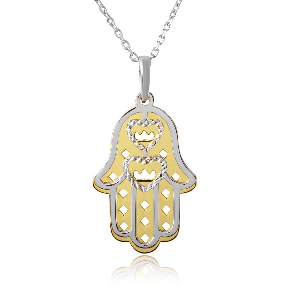 Gold and Rhodium Plated 925 Sterling Silver Hamsa with Open Hearts Necklace - SOP00006 SPI