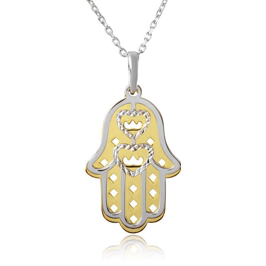 Gold and Rhodium Plated 925 Sterling Silver Hamsa with Open Hearts Necklace - SOP00006 SPI