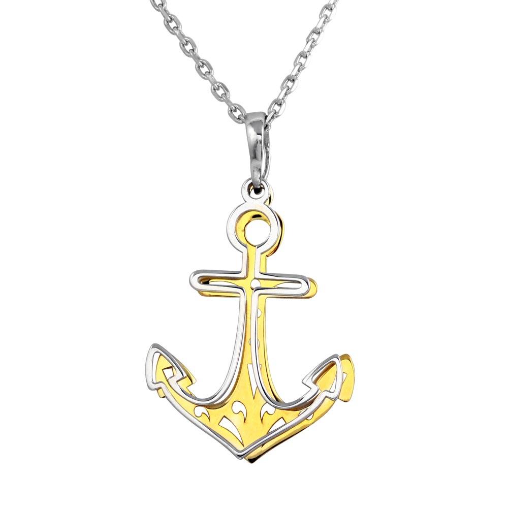 Two-Tone 925 Sterling Silver Rhodium and Gold Plated Double Anchor Necklace - SOP00014 SPI