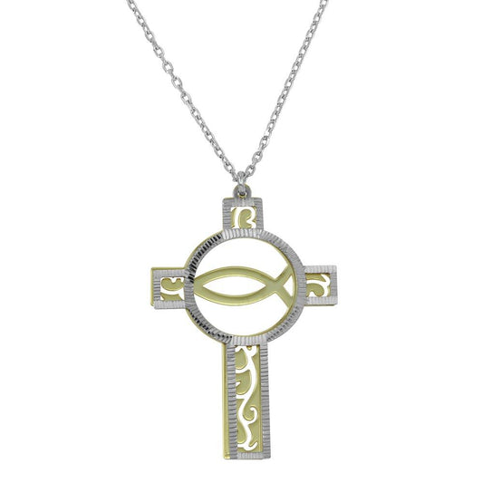 Two-Tone Gold and Rhodium Plated 925 Sterling Silver  Cross Pendant Necklace - SOP00046 SPI