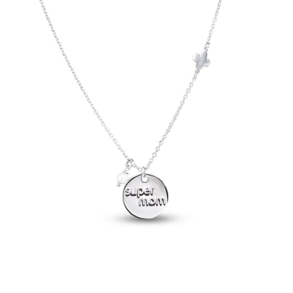 Rhodium Plated 925 Sterling Silver Super Mom Four Leaf Clover and Pearl Necklace Pendant - SOP00179 SPI