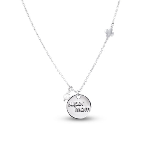 Rhodium Plated 925 Sterling Silver Super Mom Four Leaf Clover and Pearl Necklace Pendant - SOP00179 SPI