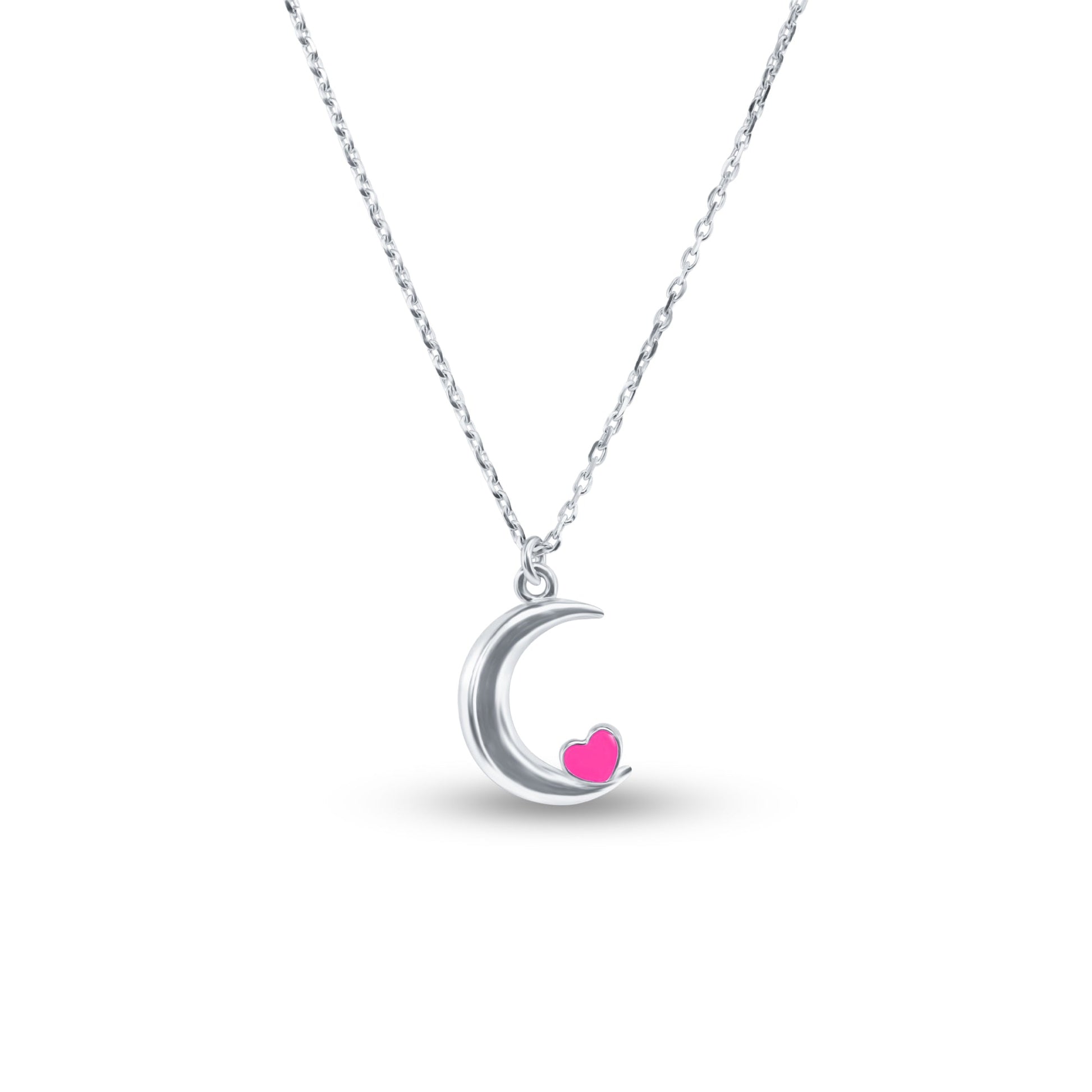 Rhodium Plated 925 Sterling Silver Moon Pink Heart Enamel Necklace Pendant - SOP00180 SPI
