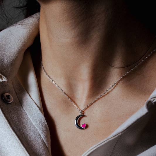 Rhodium Plated 925 Sterling Silver Moon Pink Heart Enamel Necklace Pendant - SOP00180 SPI