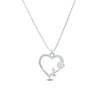 Rhodium Plated 925 Sterling Silver Heart Rose Necklace Pendant - SOP00183 SPI