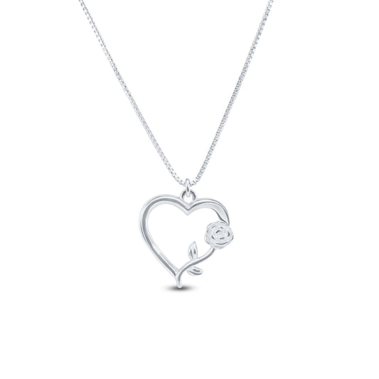 Rhodium Plated 925 Sterling Silver Heart Rose Necklace Pendant - SOP00183 SPI