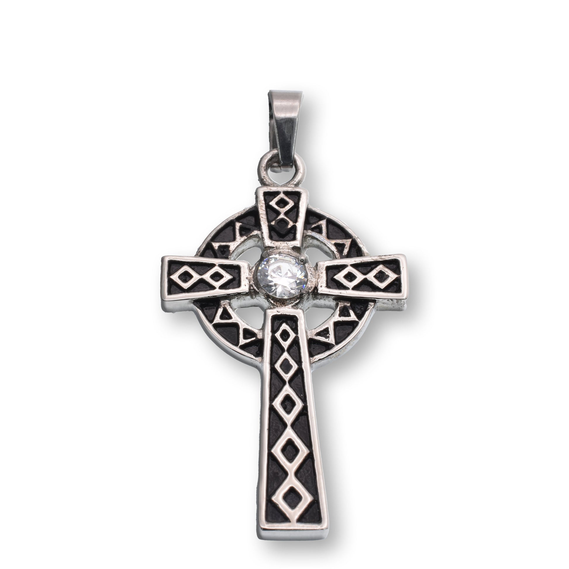 Black and Silver Tone Stainless Steel Celtic Cross CZ Center Stone and Diamond Pattern 25.1mm x 38.1mm Pendant - SSP00286 Fantastic Jewelry NYC