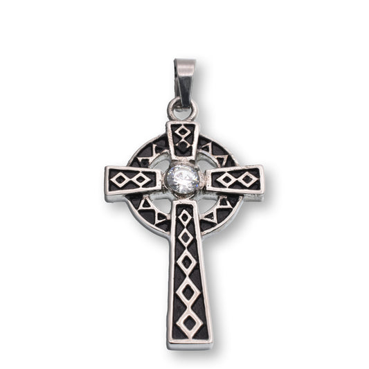 Black and Silver Tone Stainless Steel Celtic Cross CZ Center Stone and Diamond Pattern 25.1mm x 38.1mm Pendant - SSP00286 Fantastic Jewelry NYC