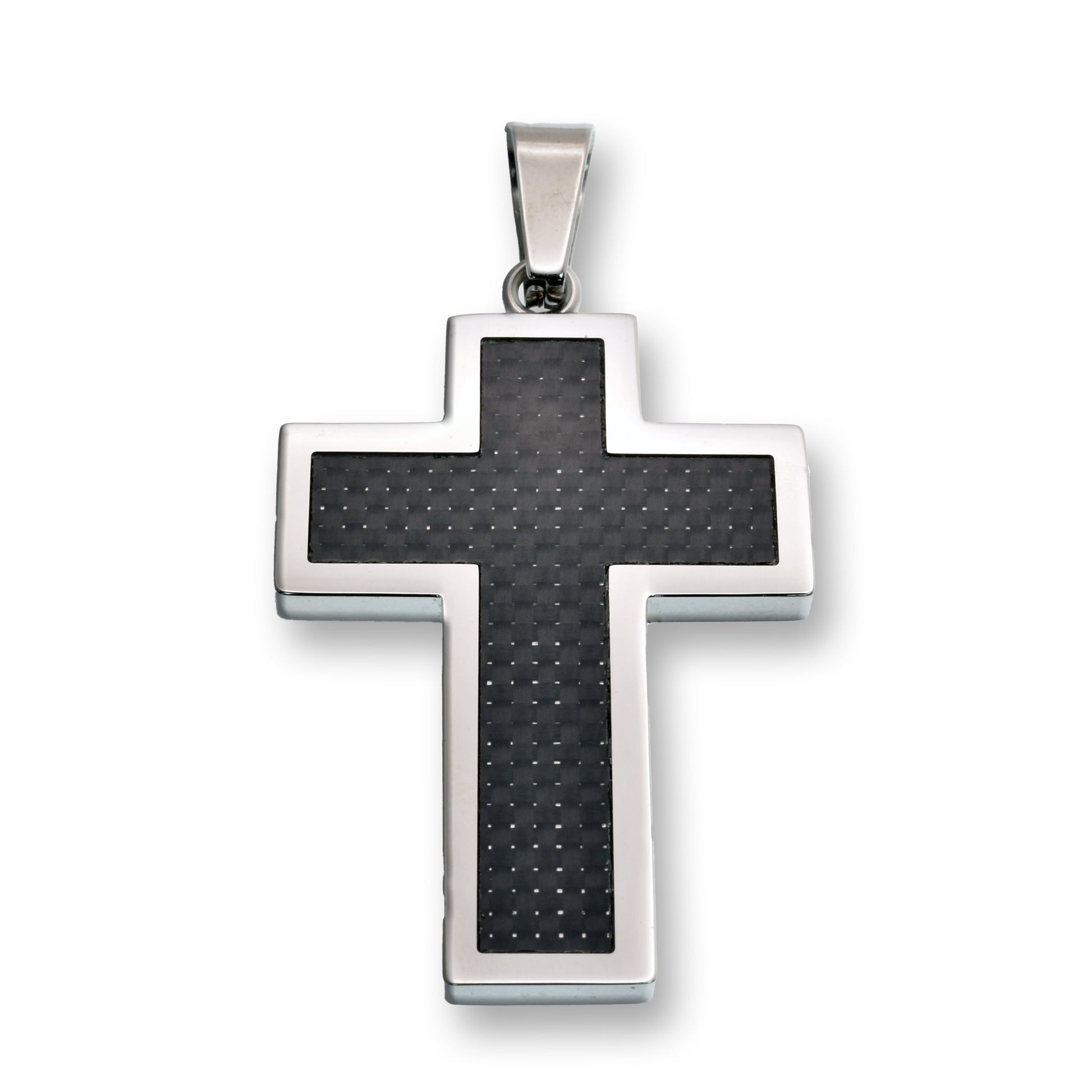 Rhodium Plated Stainless Steel Cross Carbon Fiber Inlay Silver Edging 28.1mm x 39mm Pendant - SSP00287 Fantastic Jewelry NYC