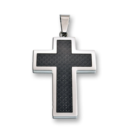 Rhodium Plated Stainless Steel Cross Carbon Fiber Inlay Silver Edging 28.1mm x 39mm Pendant - SSP00287 Fantastic Jewelry NYC