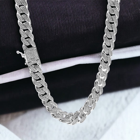 STNB-15 925 Silver 12mm Square Stone Lock Cuban Chain 16in 18in Net Price Fantastic Jewelry NYC