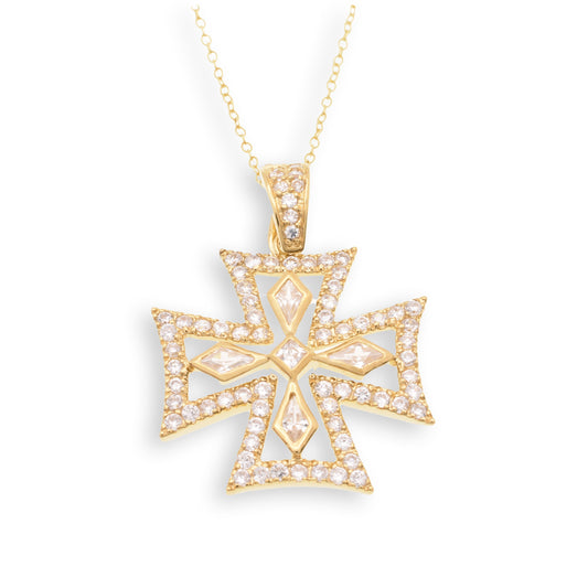 Clearance-Gold Plated 925 Sterling Silver Maltese Cross Clear CZ 29mm Pendant Necklace - STP00126GP Fantastic Jewelry NYC