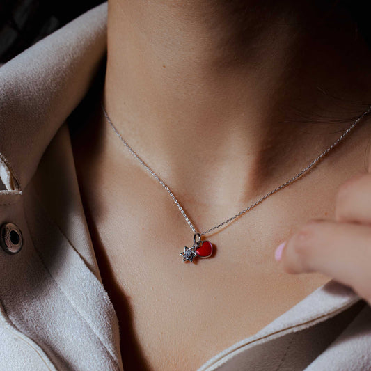 Rhodium Plated 925 Sterling Silver Star of David Red Enamel Heart Clear CZ Pendant Necklace - STP01855 SPI