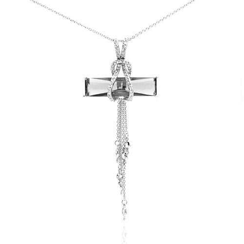 Silver 925 Rhodium Plated Clear CZ Hanging Strand Pendant Necklace - STP00465CLEAR SPI