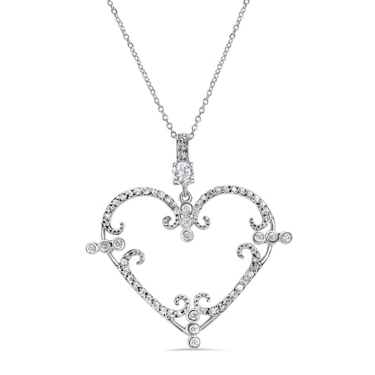 Clearance - Rhodium Plated 925 Sterling Silver Open CZ Filigree Heart Necklace - STP00605 SPI