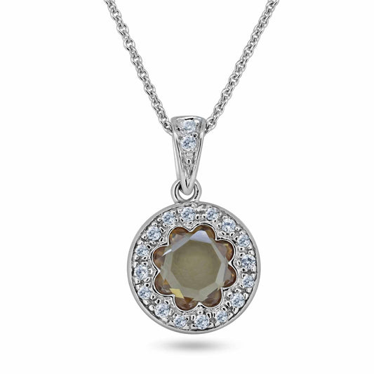 Clearance-Rhodium Plated 925 Sterling Silver Flower Champagne CZ Necklace - STP00797CHM SPI