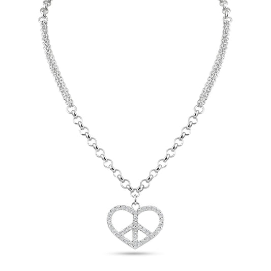 Rhodium Plated 925 Sterling Silver Double Chain Heart Peace Clear CZ Necklace - STP00867 SPI