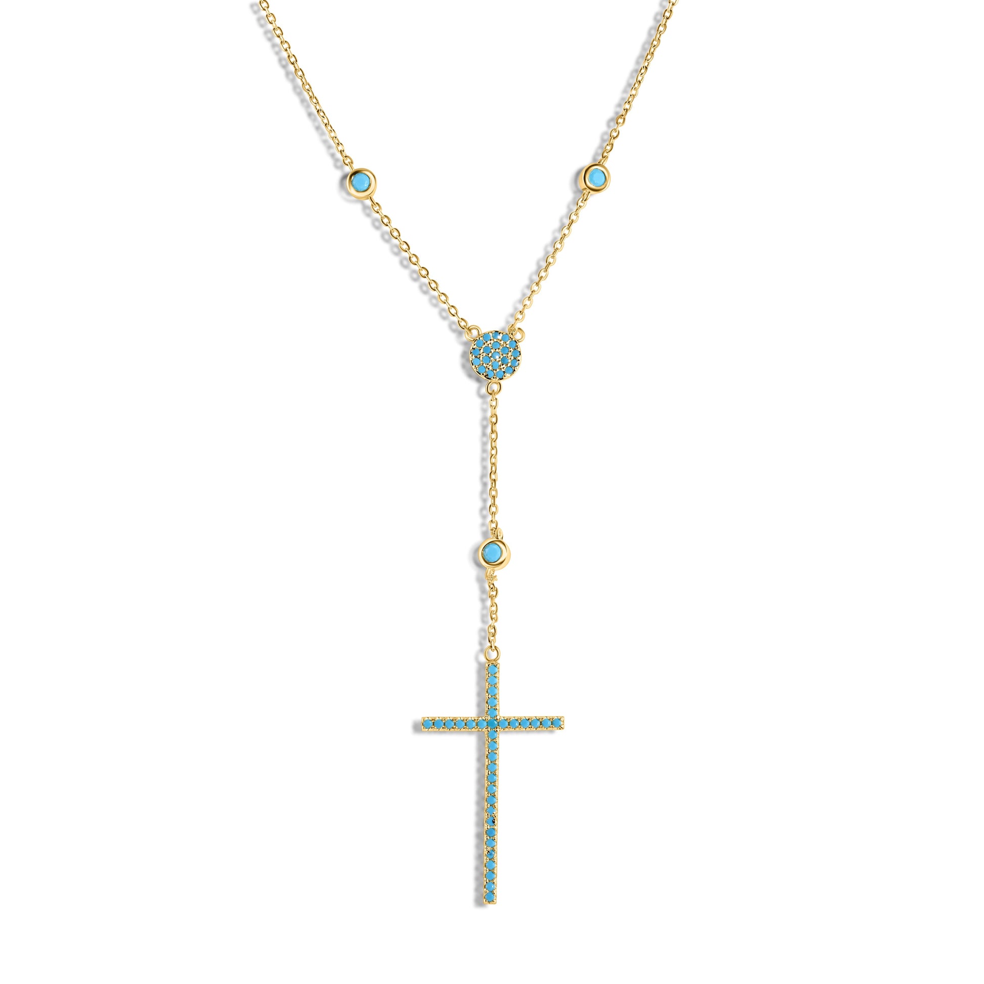 Silver 925 Gold Plated Cross Necklace with Synthetic Turquoise Stones - STP01513GP SPI
