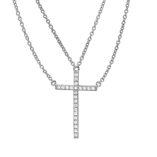 Rhodium Plated 925 Sterling Silver Multi Chain CZ Cross Necklace - STP01522 SPI