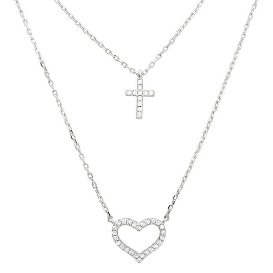 Rhodium Plated 925 Sterling Silver Double Chain CZ Cross and CZ Open Heart Necklace - STP01532 SPI