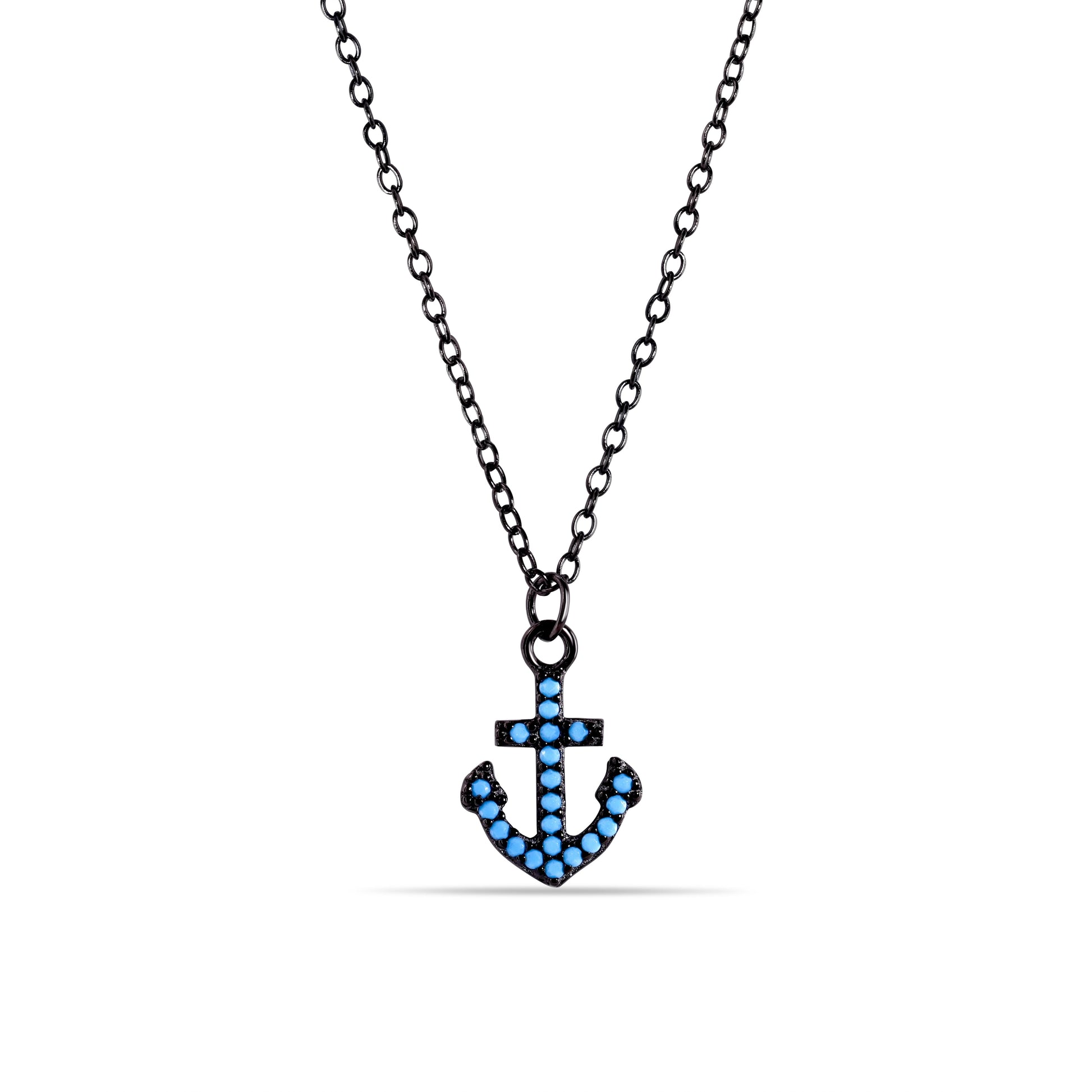 Black Rhodium Plated 925 Sterling Silver Anchor Turquoise Stones Necklace - STP01541BP SPI