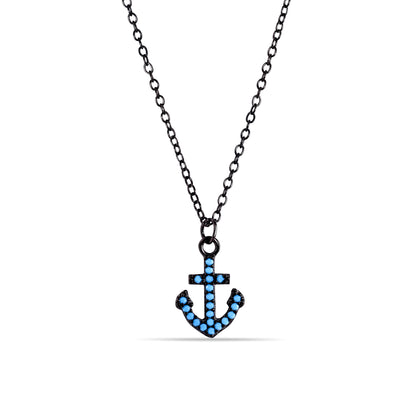 Black Rhodium Plated 925 Sterling Silver Anchor Turquoise Stones Necklace - STP01541BP SPI