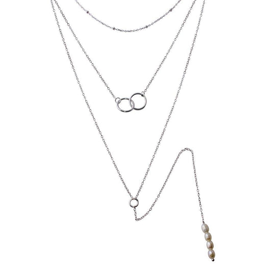 Rhodium Plated 925 Sterling Silver Triple Strand Bead Interlocked Rings and Fresh Water Pearl Necklace - STP01577RH SPI