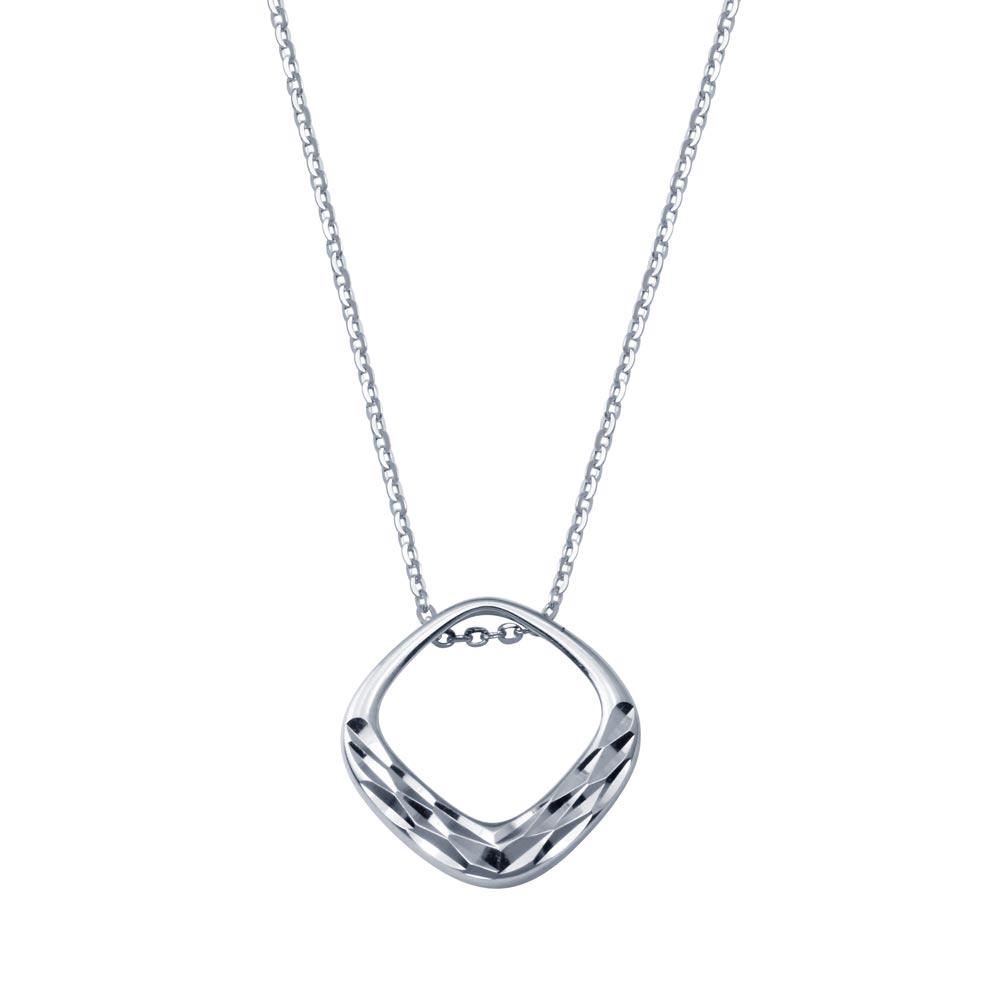Rhodium Plated 925 Sterling Silver Square Diamond Cut Pendant Adjustable Necklace - STP01830 SPI