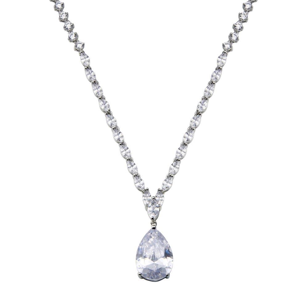 Rhodium Plated 925 Sterling Silver Teardrop Round and Oval Clear CZ Tennis Necklace - STP01837 SPI