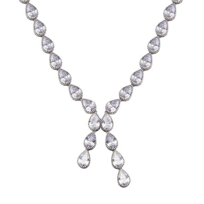 Rhodium Plated 925 Sterling Silver Teardrop Dangling Pendant Clear CZ Tennis Necklace - STP01839 SPI