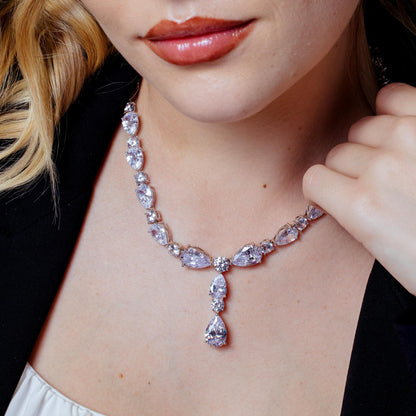 Rhodium Plated 925 Sterling Silver Teardrop Clear CZ Tennis Necklace - STP01850 SPI