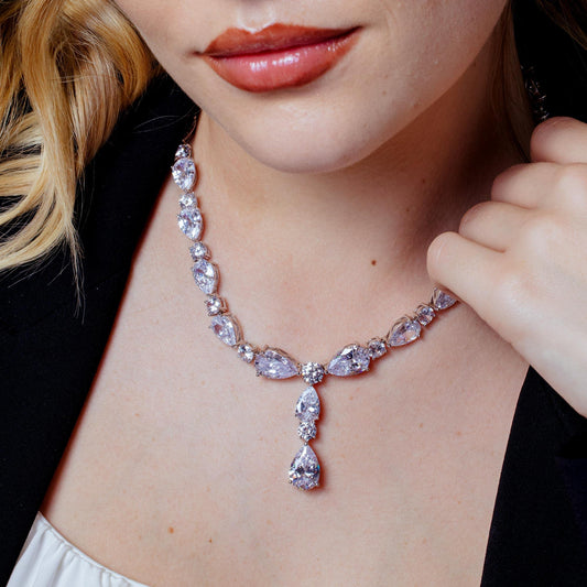 Rhodium Plated 925 Sterling Silver Teardrop Clear CZ Tennis Necklace - STP01850 SPI