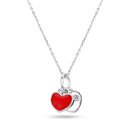 Rhodium Plated 925 Sterling Silver Heart Red Enamel Heart Clear CZ Pendant Necklace - STP01856 SPI