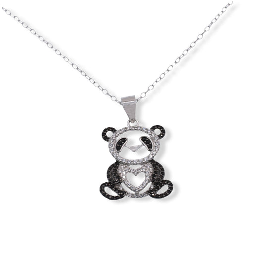Rhodium Plated 925 Sterling Silver Panda Heart Black and Clear CZ Pendant Necklace - STP01857 Fantastic Jewelry NYC