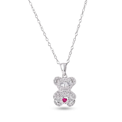 Rhodium Plated 925 Sterling Silver Bear Heart Red and Clear CZ Pendant Necklace - STP01858 SPI