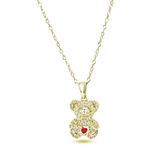 Gold Plated 925 Sterling Silver Bear Heart Red and Clear CZ Pendant Necklace - STP01858GP Fantastic Jewelry NYC