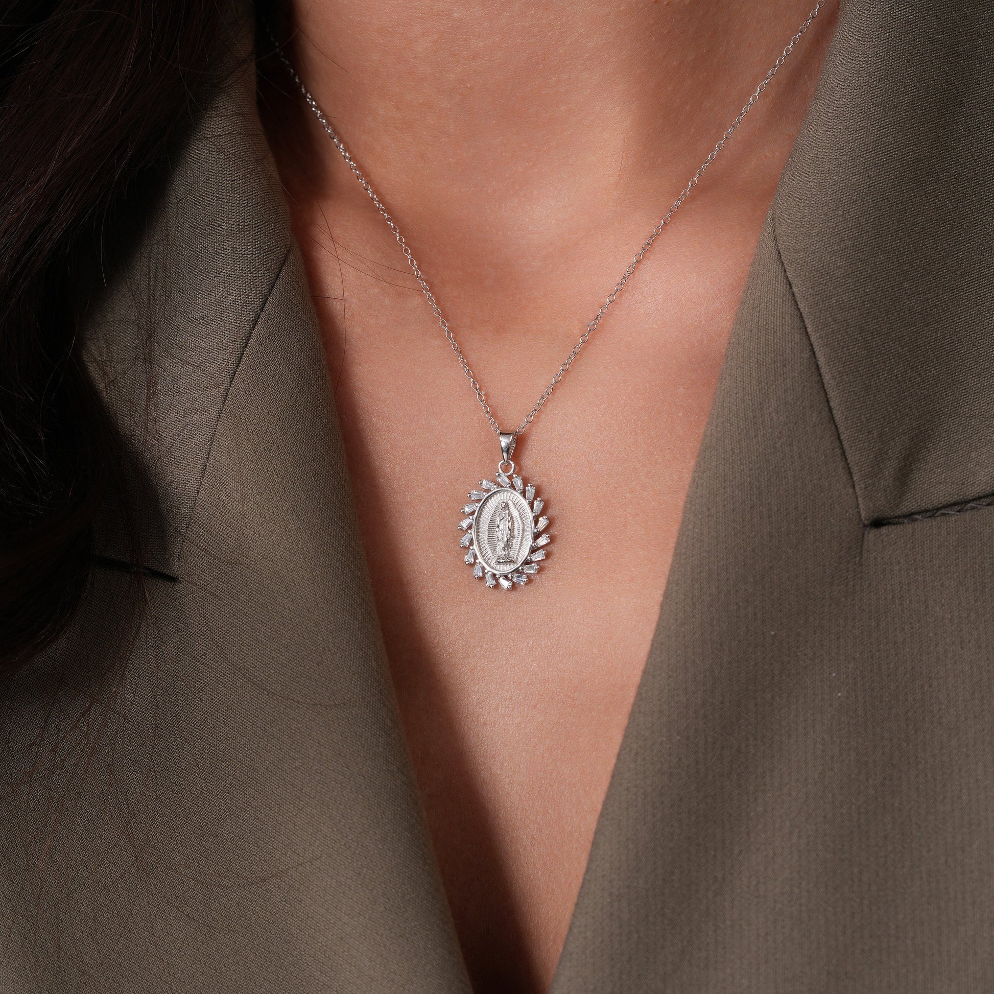 Rhodium Plated 925 Sterling Silver 14.6mm x 18.5mm Our Lady of Guadalupe Baguette Clear CZ Adjustable Pendant Necklace - STP01862 Fantastic Jewelry NYC