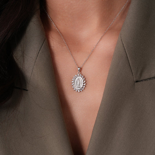 Rhodium Plated 925 Sterling Silver 14.6mm x 18.5mm Our Lady of Guadalupe Baguette Clear CZ Adjustable Pendant Necklace - STP01862 Fantastic Jewelry NYC