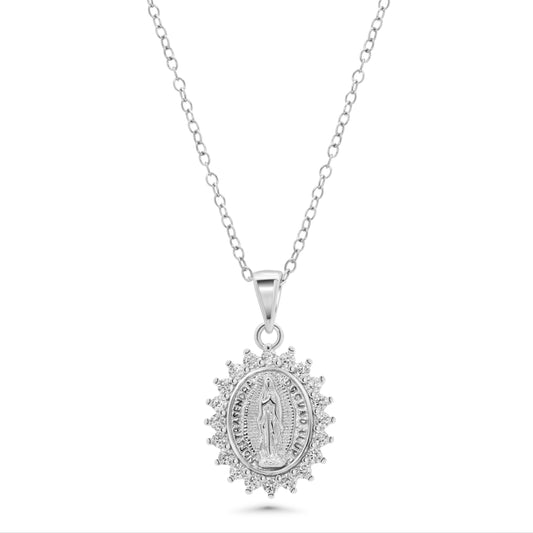 Rhodium Plated 925 Sterling Silver 12.3mm x 14.5mm Our Lady of Guadalupe Pear Shaped Clear CZ Adjustable Pendant Necklace - STP01863 Fantastic Jewelry NYC