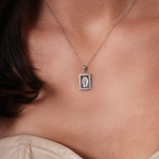 Rhodium Plated 925 Sterling Silver 11.6mm x 14.7mm Framed Our Lady of Guadalupe Pear Shaped Clear CZ Adjustable Pendant Necklace - STP01864 Fantastic Jewelry NYC