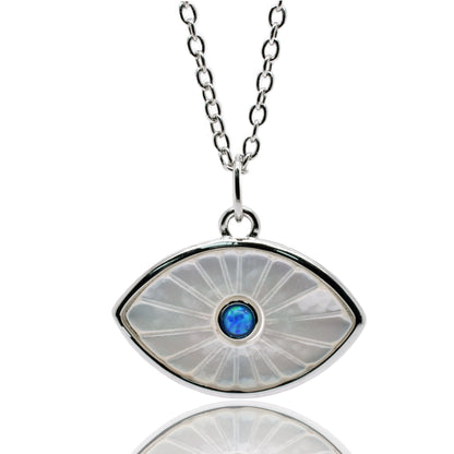 Rhodium Plated 925 Sterling Silver Synthetic White Pearl Evil Eye Blue CZ Pendant Necklace - STP01866 Fantastic Jewelry NYC