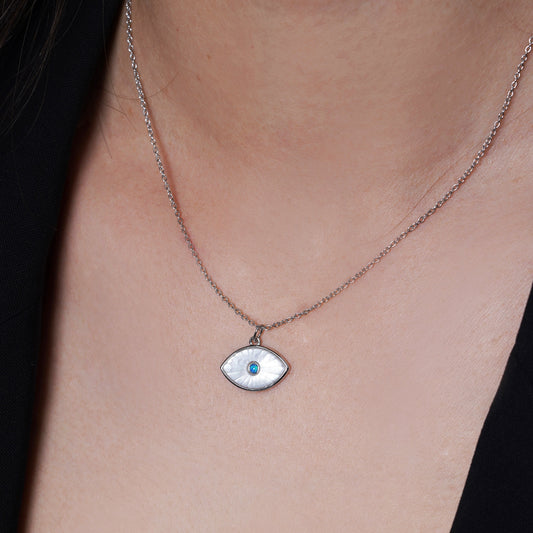 Rhodium Plated 925 Sterling Silver Synthetic White Pearl Evil Eye Blue CZ Pendant Necklace - STP01866 Fantastic Jewelry NYC