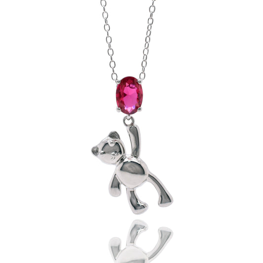 Rhodium Plated 925 Sterling Silver Teddy Bear Synthetic Ruby Red CZ Pendant Necklace - STP01867 Fantastic Jewelry NYC
