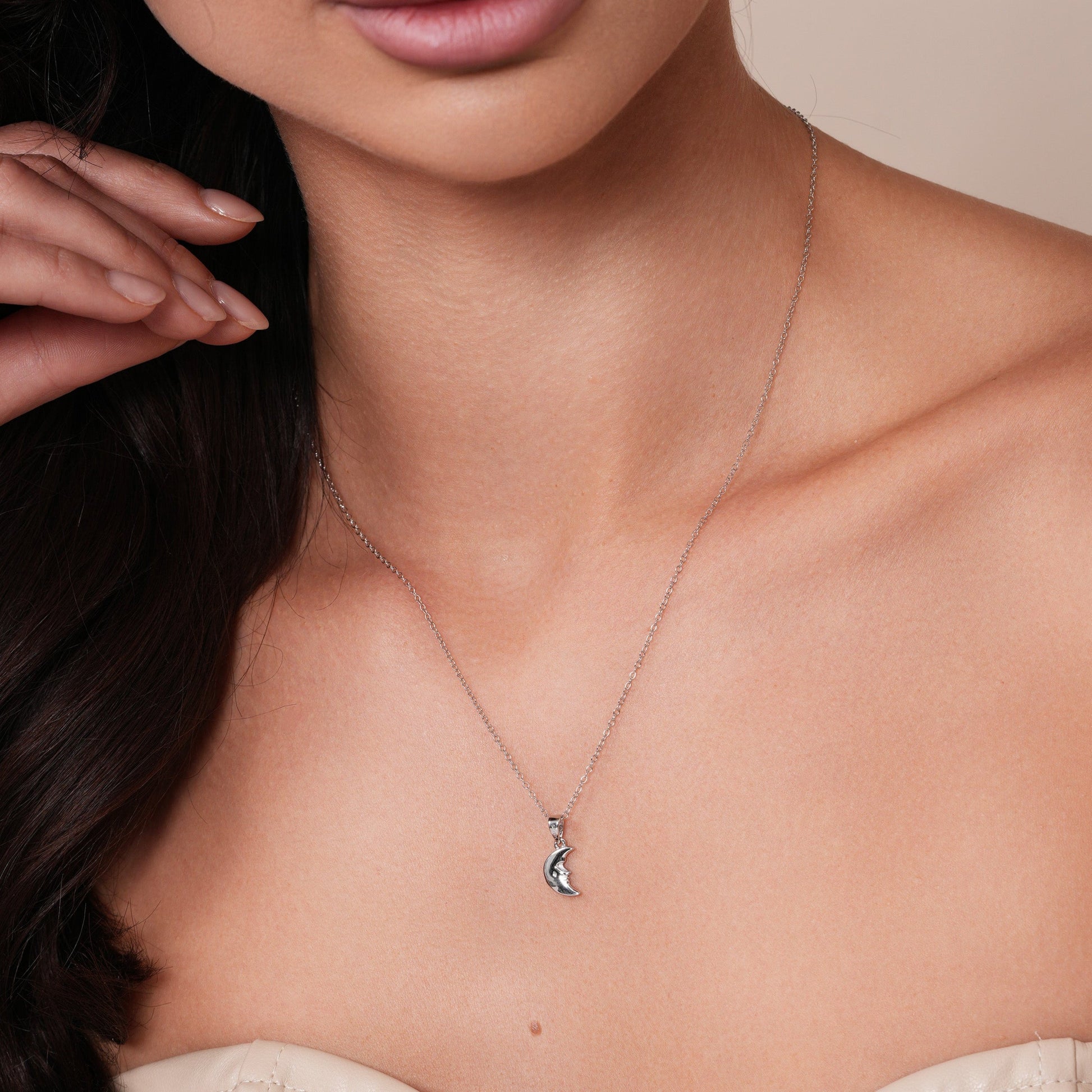 Rhodium Plated 925 Sterling Silver 7.2mm x 9.9mm Moon Face Adjustable Pendant Necklace - STP01869 Fantastic Jewelry NYC
