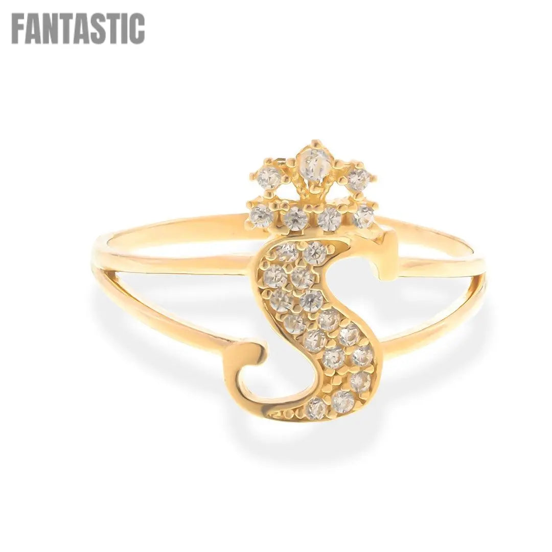 Crown Initial Letter 'S' Ring in 14K Gold with CZ