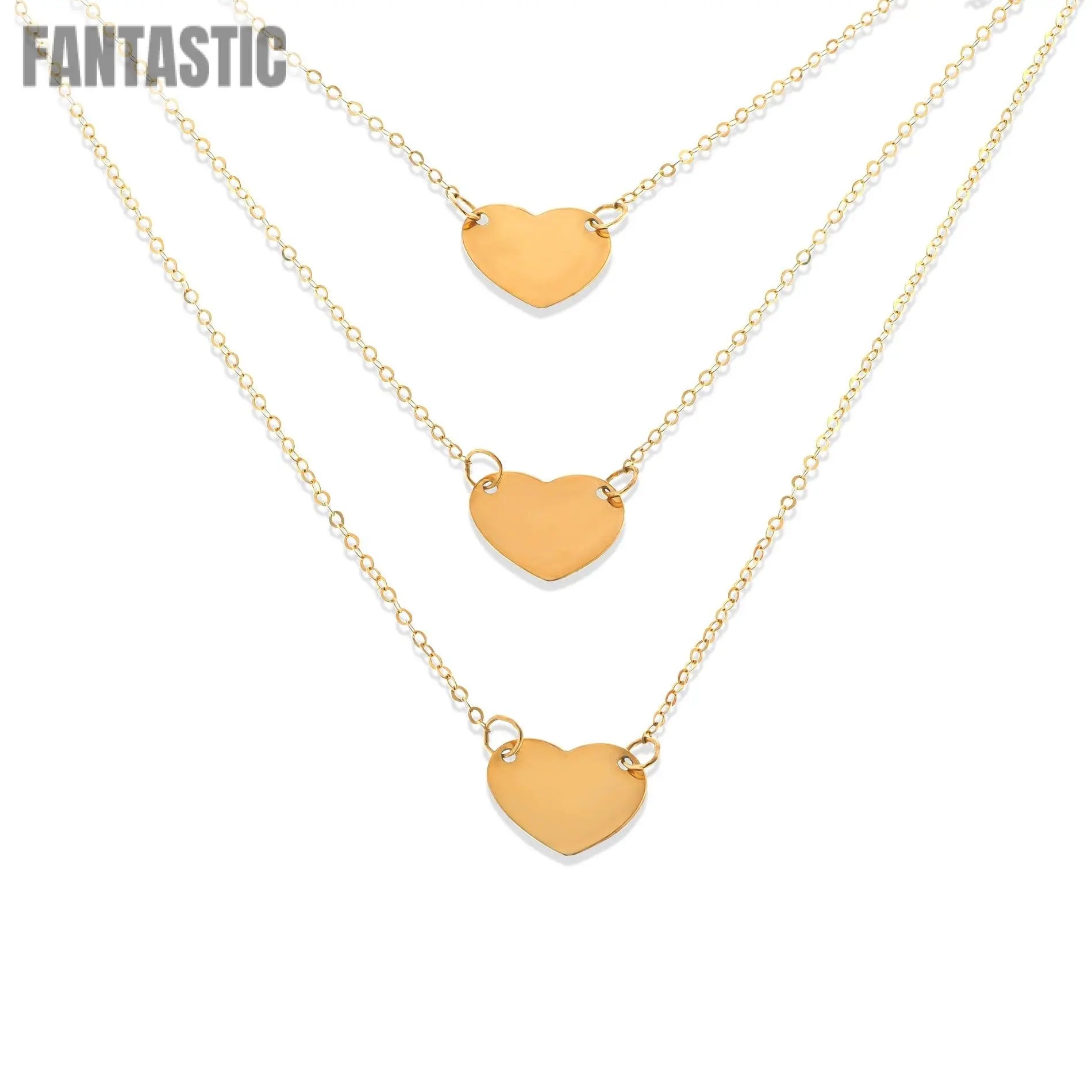 Triple Strand Puffed Heart Chain Necklace | 14K Gold With Cz Fantastic Jewelry NYC
